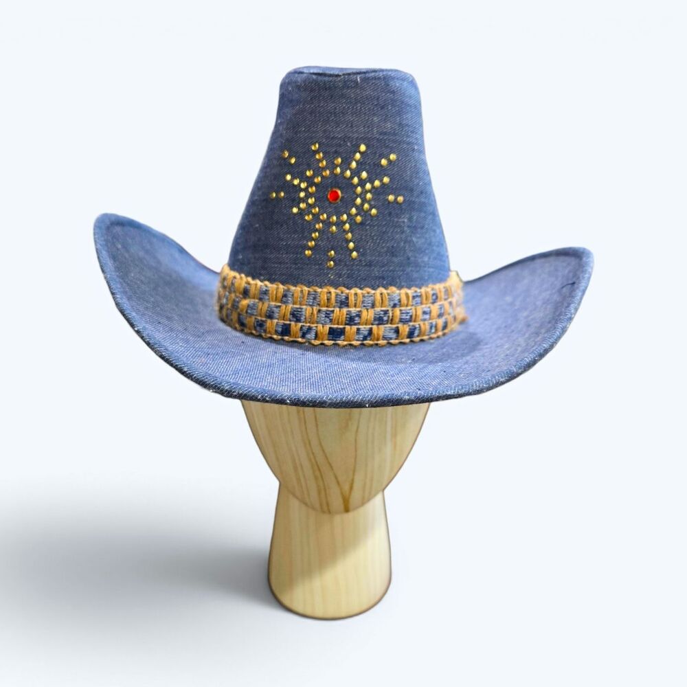 Vintage 70s Bronco Buster Denim Cowboy Hat Studded Starburst Med USA Made